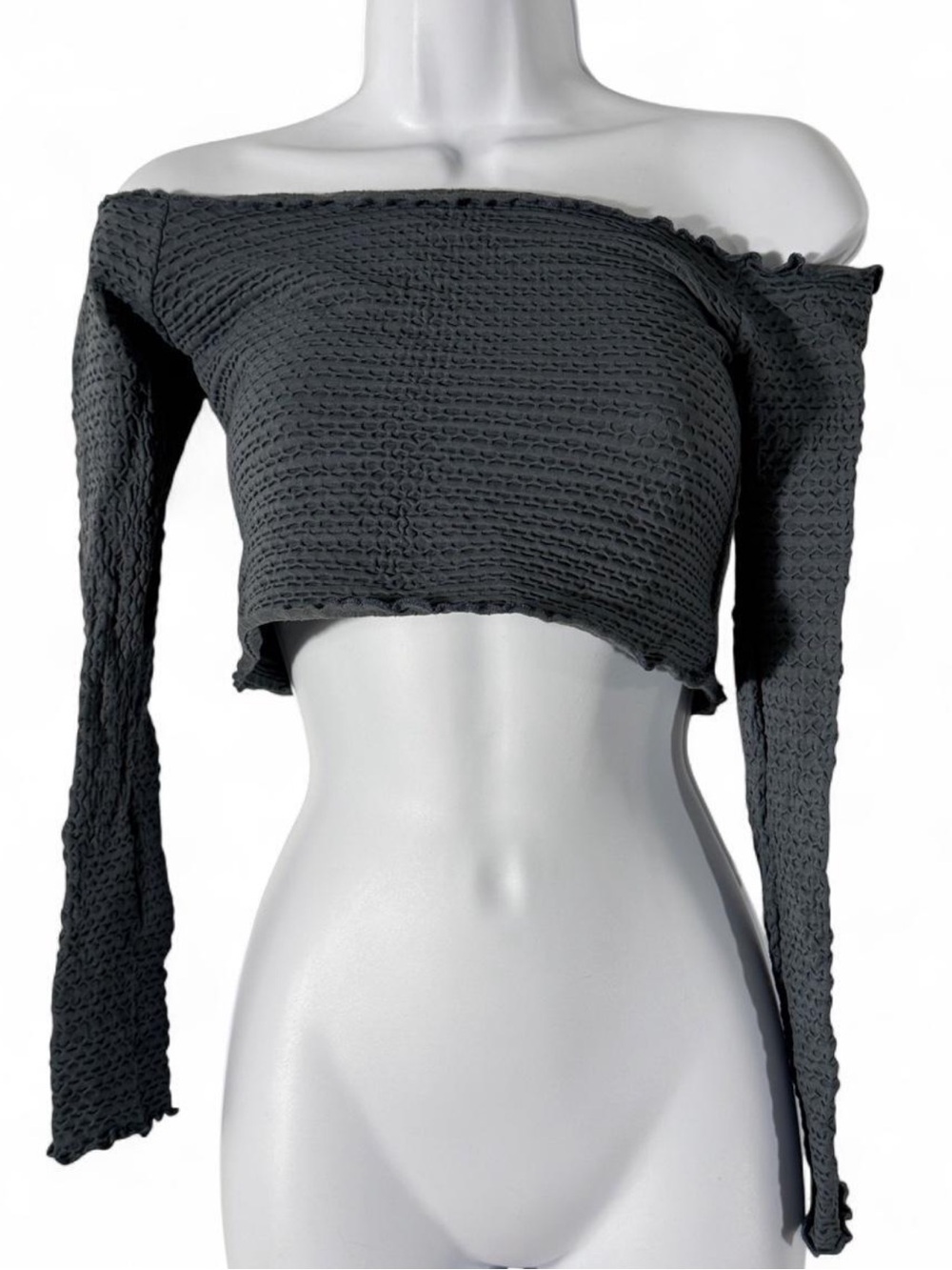 Free People Charcoal Off-the-Shoulder Long Sleeve Crop Top